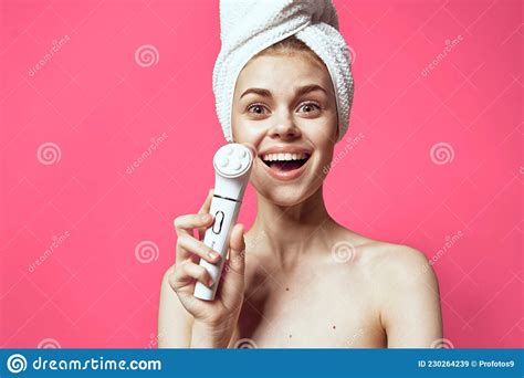 Cheerful Woman Naked Shoulders Skin Cleaning Spa Treatments Model Stock