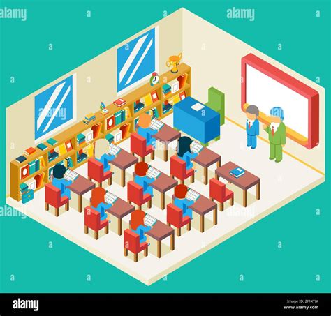 Education And School Class Isometric 3d Concept Bookshelf And Teacher