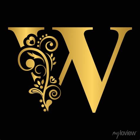 Gold Letter W Vintage Golden Flower Ornament Initial Letters Canvas