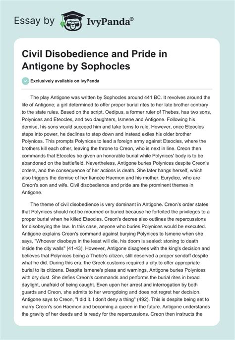 Civil Disobedience & Pride: Antigone by Sophocles - 878 Words | Essay Example