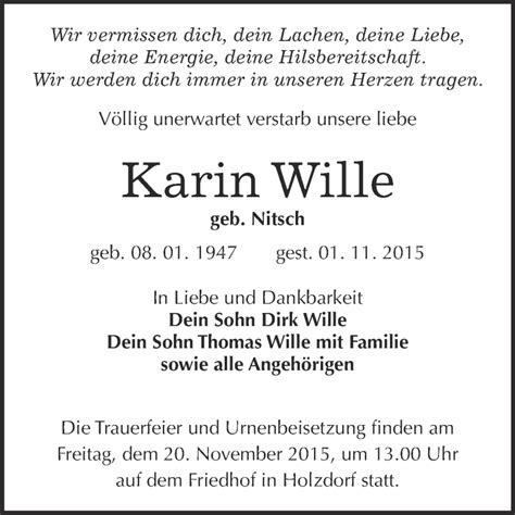 Traueranzeigen Von Karin Wille Abschied Nehmen De