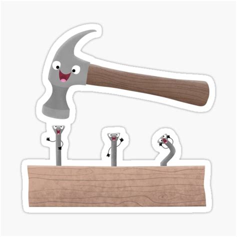 "Cute, funny hammer and nails woodwork cartoon illustration" Sticker ...