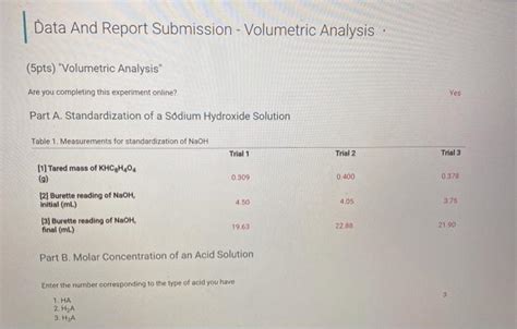 Solved Data And Report Submission Volumetric Analysis Chegg