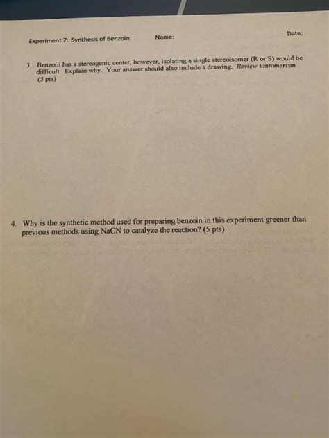 Solved Date Name Experiment 7 Synthesis Of Benzoin 3