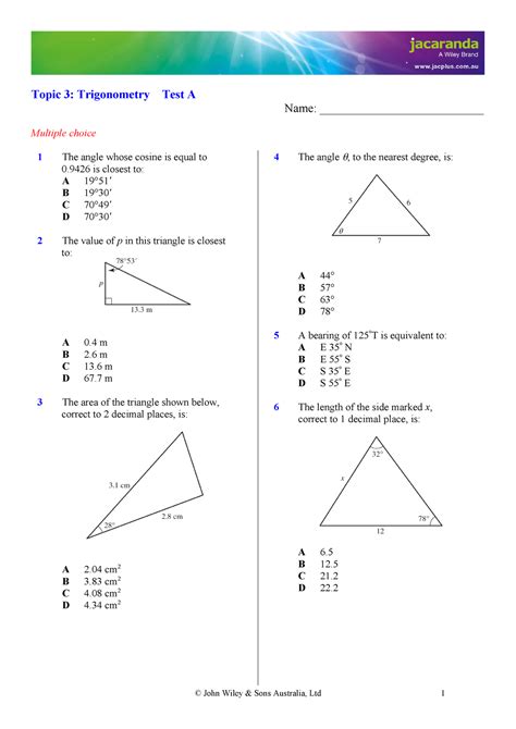 Jacaranda Trig Test A Topic 3 Trigonometry Test A Name