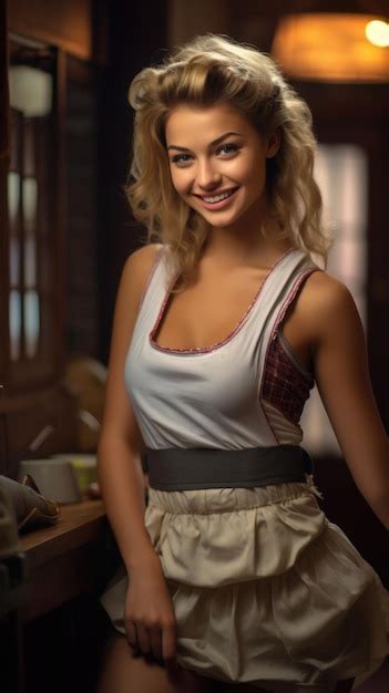 Premium Ai Image Hot House Maid Cute Girl Smiling Photo Wear Mini Skirt Traditional Dress