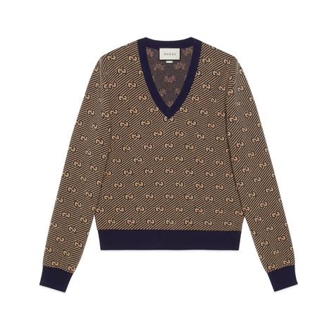 Gucci Brown Navy Wool Gg Stripe Sweater Modesens