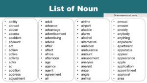 Noun: English Nouns List - GrammarVocab