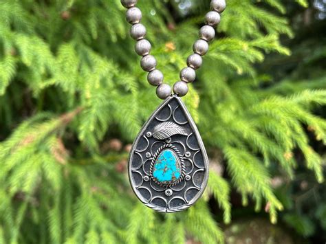 Jameson Lee Navajo Sterling Turquoise Pendant Beaded Necklace Etsy