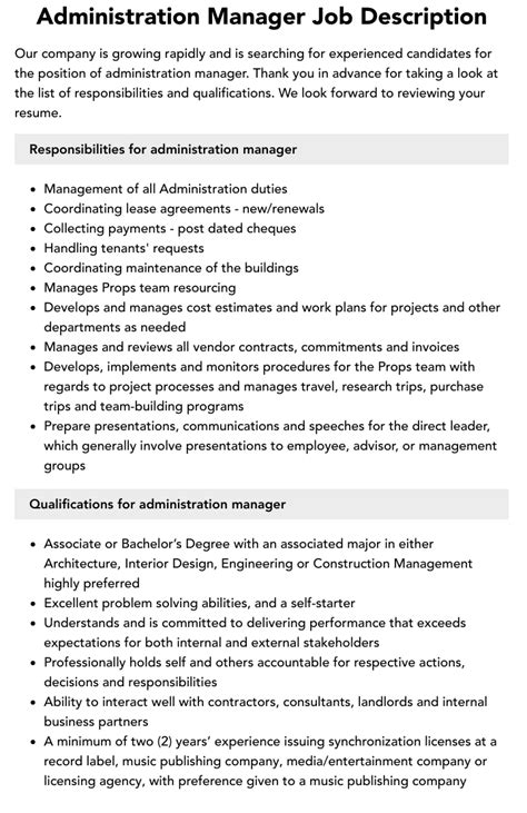 Administration Manager Job Description Velvet Jobs