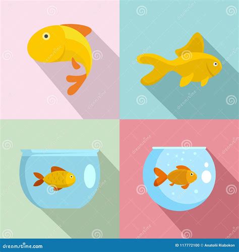 Goldfish And Fishbowl Icons Set Flat Style Stock Vector Illustration