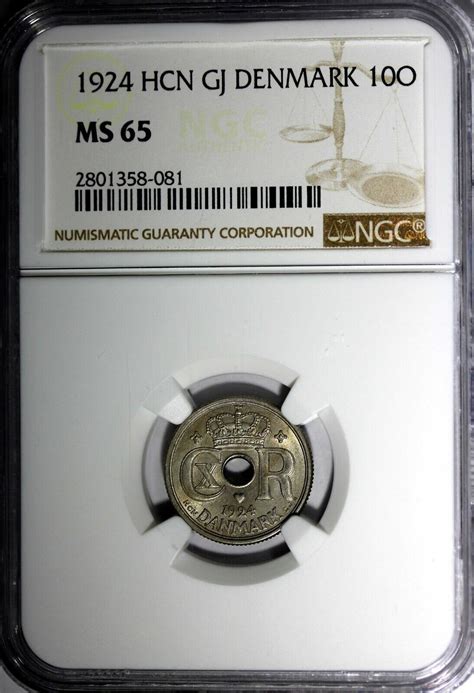 Denmark Christian X 1924 HCN GJ 10 ORE NGC MS65 BU Nice High Grade KM