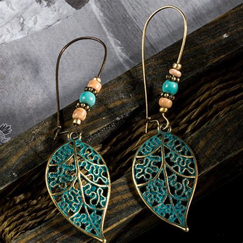 Vintage Boho Bronze Hollow Leaf Wooden Beads Drop Earrings Bohemian