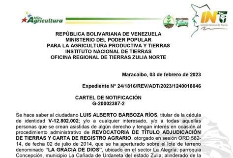 INTI Cartel de Notificación de Revocatoria a Luis Alberto Barboza