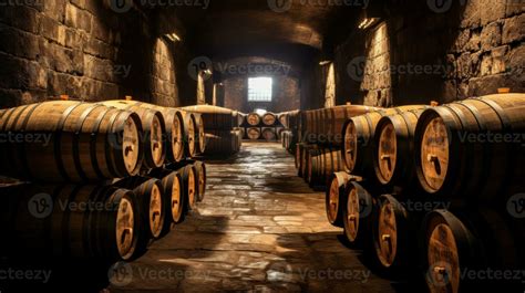 Wine Barrels Stacked In The Old Cellar Of The Winery Generative Ai