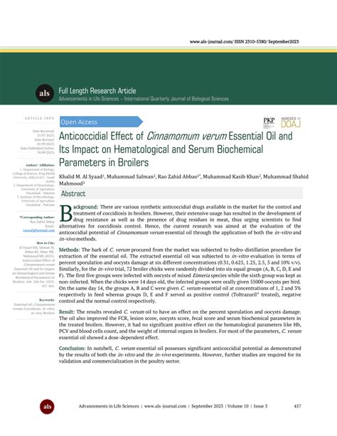 (PDF) Anticoccidial Effect of Cinnamomum verum Essential Oil and Its Impact on Hematological and ...