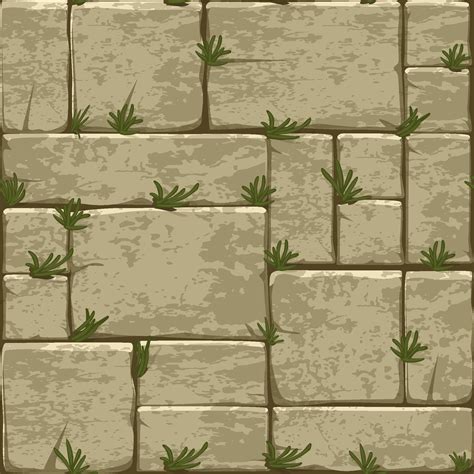 Cartoon Stone Pavement Seamless Pattern Brick Wall Texture Cracked Rock Paver On Grass Stone