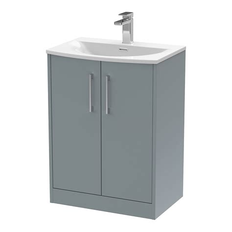 Hudson Reed Juno 600mm Floorstanding 2 Door Vanity Unit And Curved Basin 1th Matt Coastal Grey