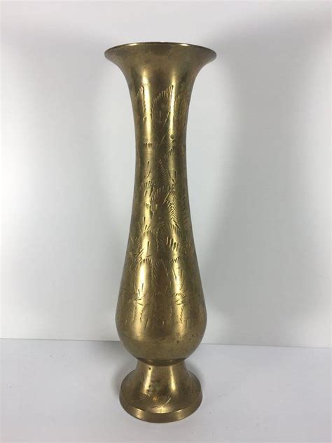 Etched Brass Tapered Vase Brass Home Decor Tall Brass Flower Etsy Etched Brass Vase