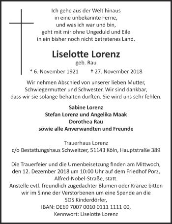 Traueranzeigen Von Liselotte Lorenz Wirtrauern