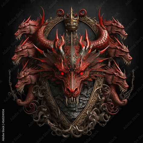 Seven Headed Red Dragon Emblem Generative Ai Illustrations Stock