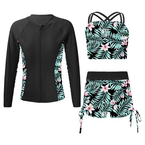 Yonghs Girls Piece Rash Guard Tankini Set Floral Bikini With Long Sleeve Zip Shirt Swimwear