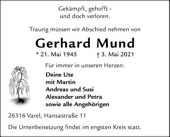 Traueranzeigen Von Gerhard Mund Nordwest Trauer De