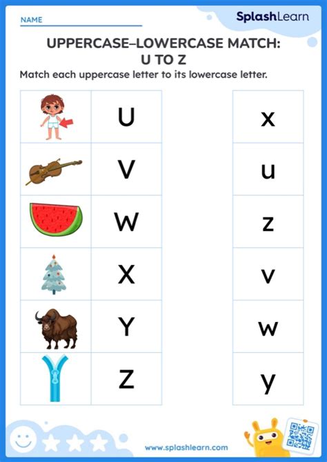 Uppercaselowercase Match U To Z Worksheet