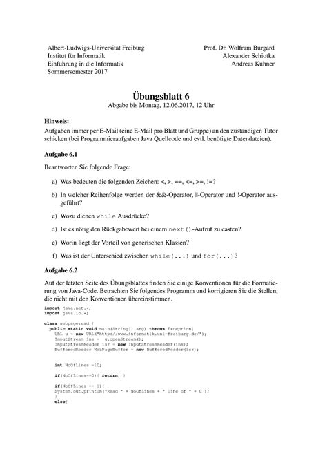 Blatt 06 Übungsaufgaben im Grundstudium Informatik an der Universität