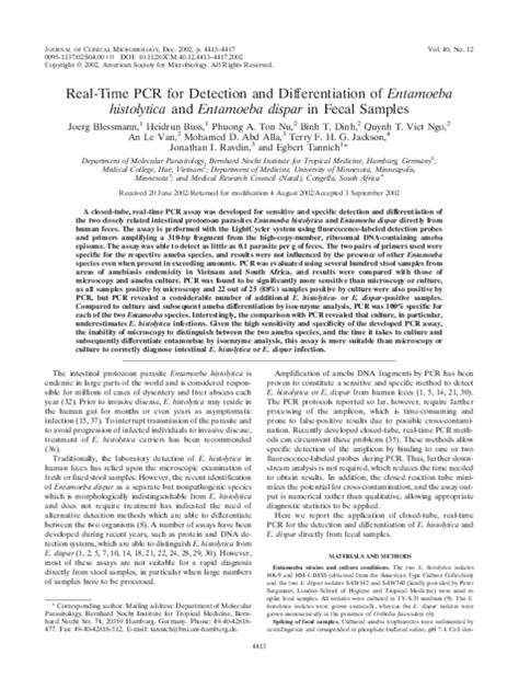 Pdf Real Time Pcr For Detection And Differentiation Of Entamoeba Histolytica And Entamoeba