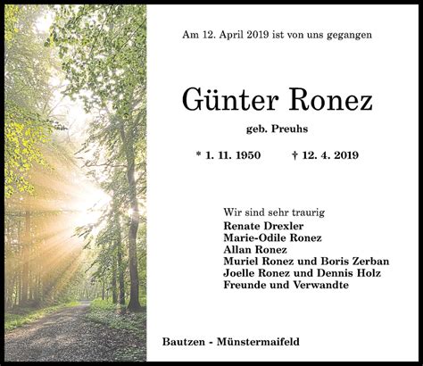 Traueranzeigen Von G Nter Ronez Rz Trauer De