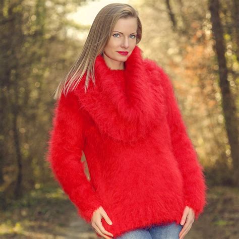 Supertanya Sexy Red Fuzzy Mohair Top Cowlneck Sweater Supertanya