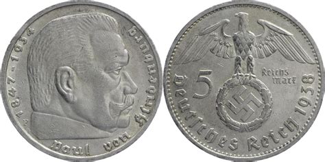 Drittes Reich 5 Reichsmark 1938 F Hindenburg Kursmünze 1936 1939 VF