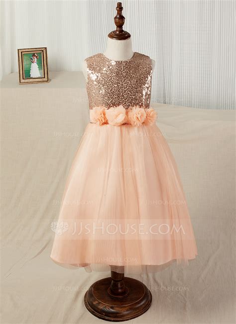 A Lineprincess Tea Length Flower Girl Dress Tullesequined