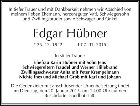 Traueranzeigen Von Edgar H Bner Abschied Nehmen De