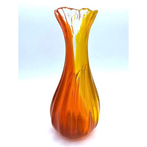 Large Mid Century Hand Blown Art Glass Yellow Orange Fluted Vase Etsy