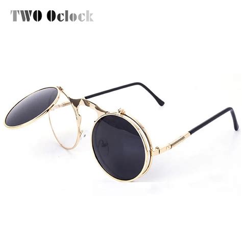 Two Oclock Vintage Steampunk Goggles Round Sun Glasses For Women Men Retro Double Flip Punk