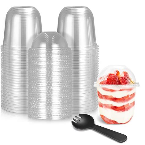 Buy 50Pack 12OZ Plastic Cups with Dome Lids and Sporks Plastic Dessert ...