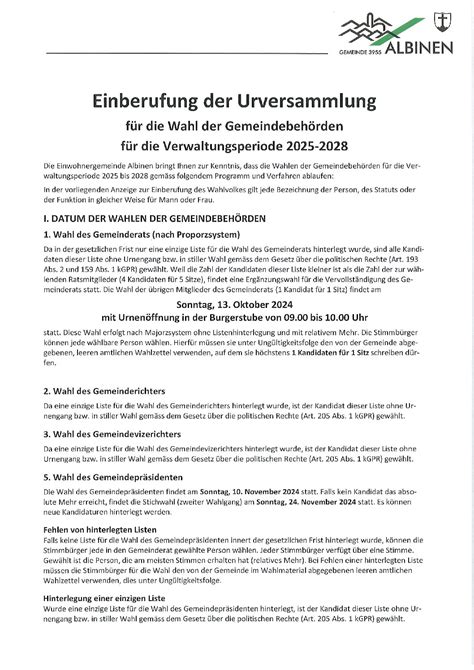 Einberufung Urversammlung 13 Oktober 10 November 2024 Albinen