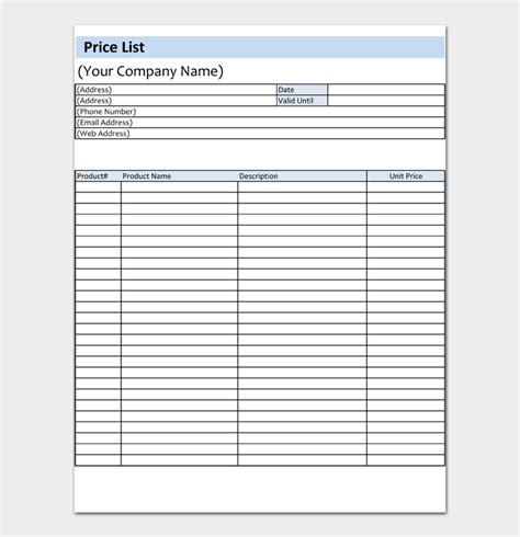 Price List Template Excel