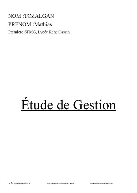 Carnet De Bord Etude De Gestion Nom Tozalgan Prenom