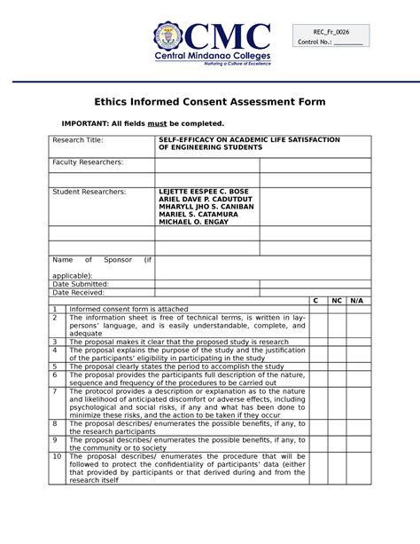 Rec Fr Ethics Informed Consent Assessment Form Ethics Informed