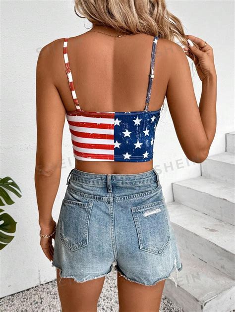 Shein Essnce Womens Usa Flag Fashionable Independence Day American Flag Printed Tank Top