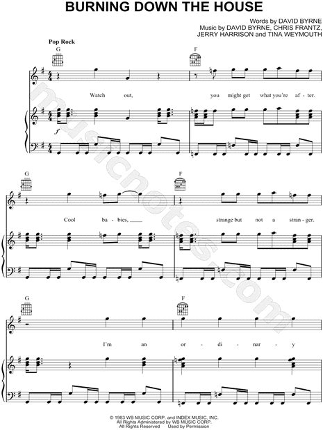 Talking Heads Burning Down The House Sheet Music In G Major Download And Print Sku Mn0064930