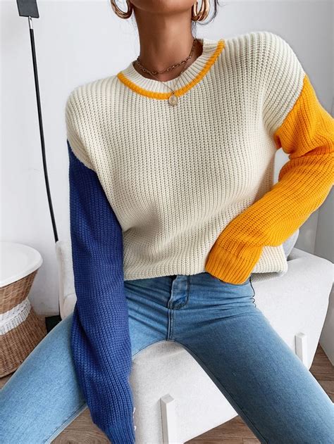 Color Block Drop Shoulder Sweater Winter Fashion Outfits Casual Knit