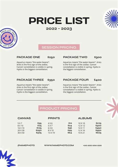 Free Photographer Photography Price List Templates I Wepik