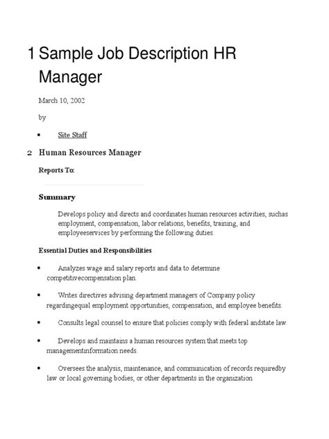 Sample Job Description Hr Manager Human Resource Management Employment