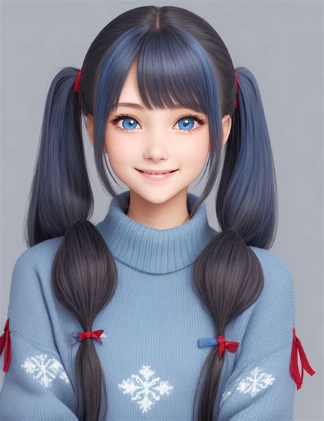 Belle Fille Souriante Aux Cheveux Longs Twintails Yeux Bleus Pull Rouge