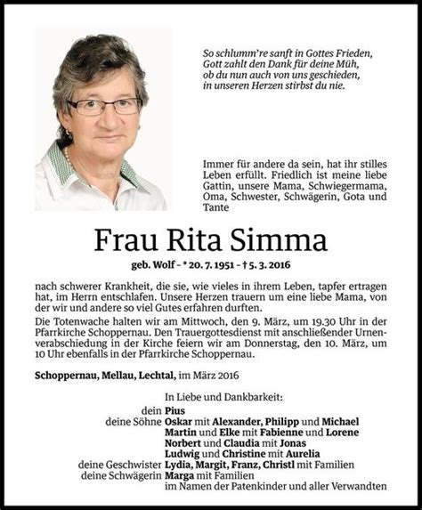 Todesanzeigen Von Rita Simma Todesanzeigen Vorarlberger Nachrichten