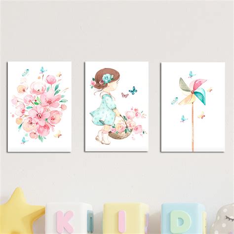 Kit Quadros Placas Infantil Menina Aquarela Flores G Elo